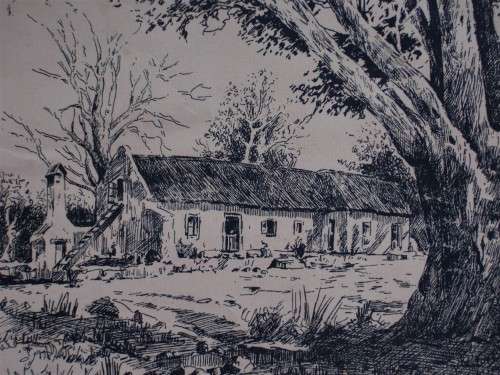 Original ink drawing of S.African Cape homestead - fabulous detail. Vintage piece in ebonized frame.