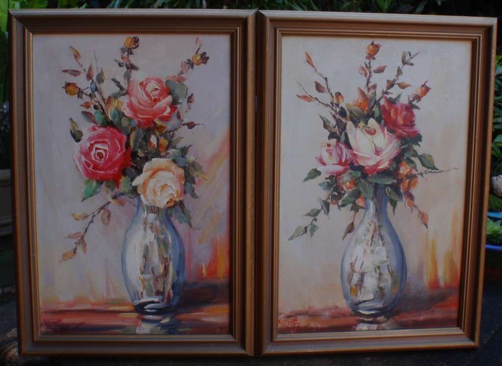Two original Eric Pithey oil paintings - gorgeous still life roses in vase. Palette knife style.
