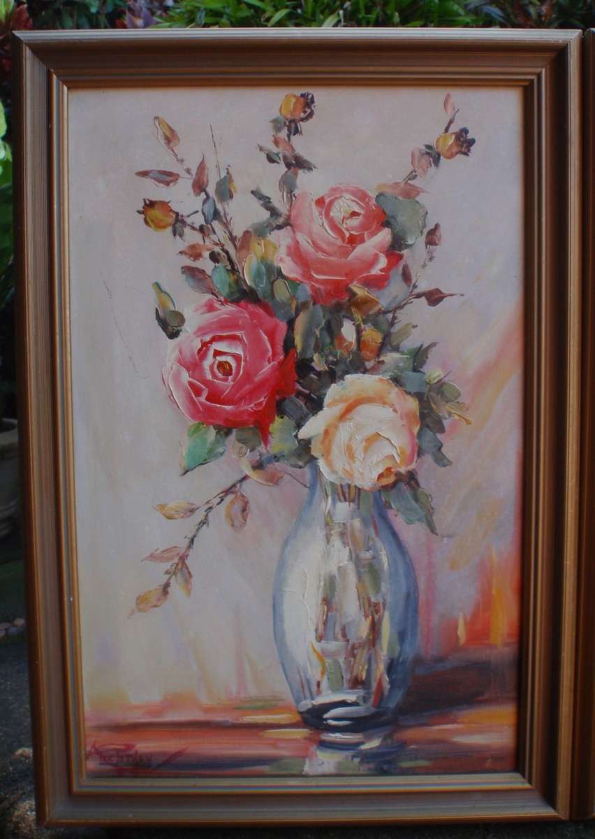 Two original Eric Pithey oil paintings - gorgeous still life roses in vase. Palette knife style.