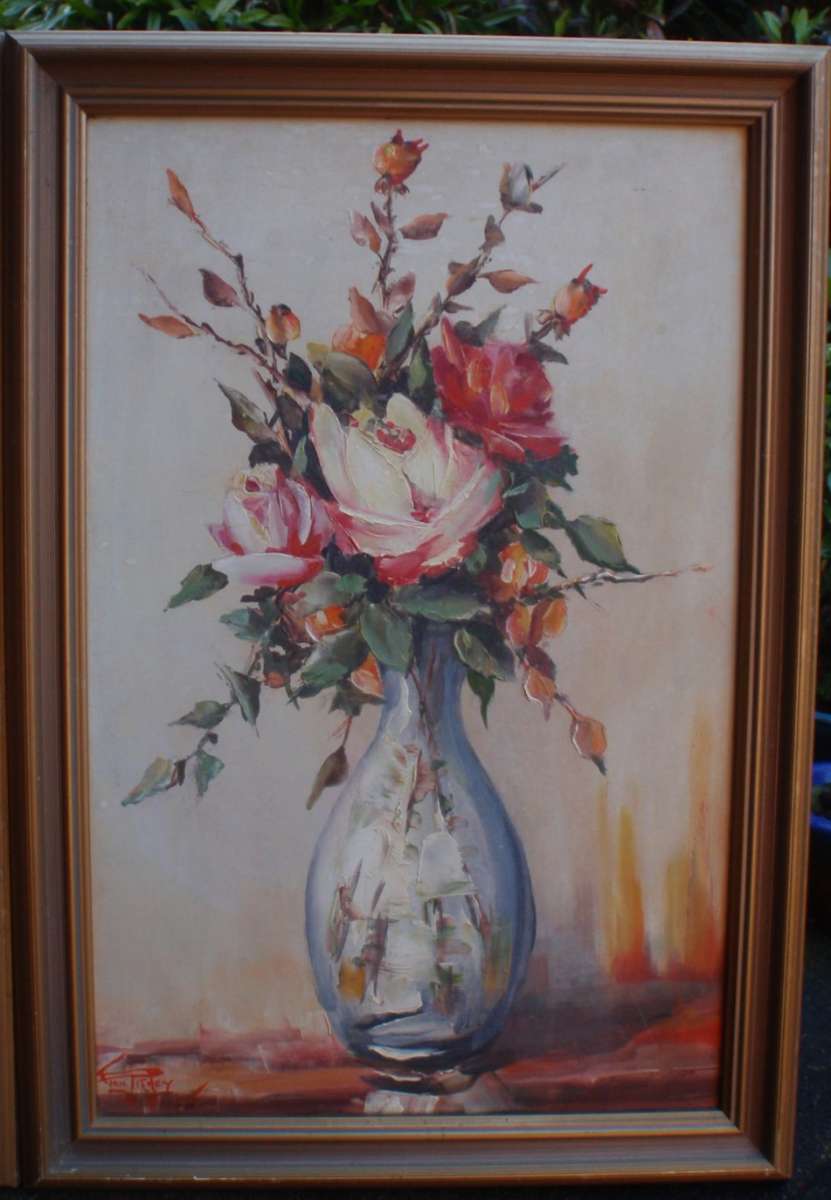 Two original Eric Pithey oil paintings - gorgeous still life roses in vase. Palette knife style.