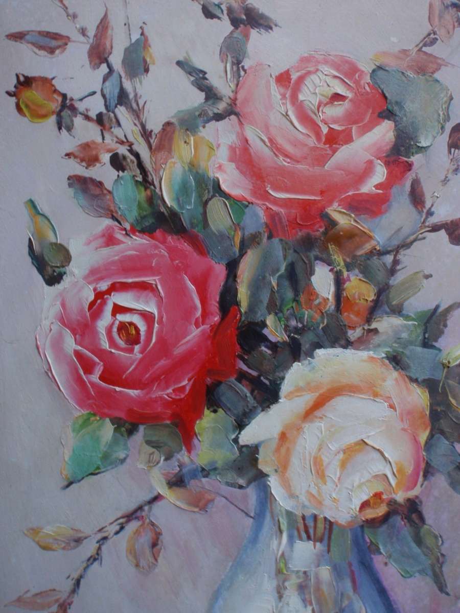Two original Eric Pithey oil paintings - gorgeous still life roses in vase. Palette knife style.