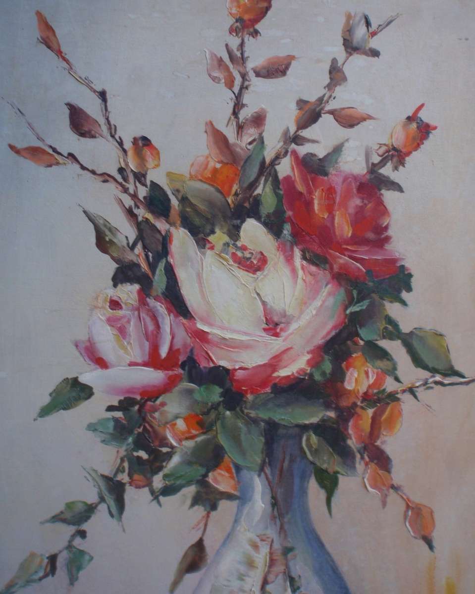 Two original Eric Pithey oil paintings - gorgeous still life roses in vase. Palette knife style.