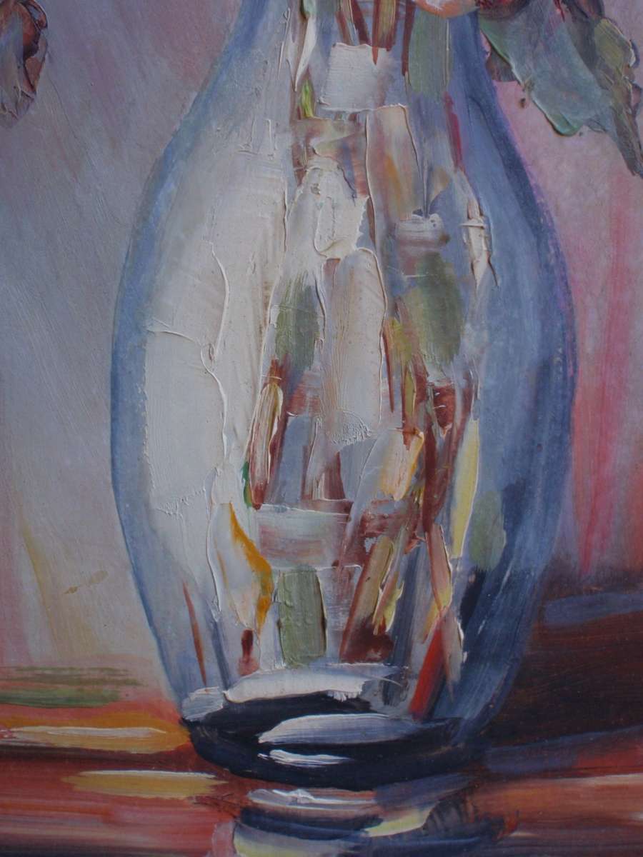 Two original Eric Pithey oil paintings - gorgeous still life roses in vase. Palette knife style.