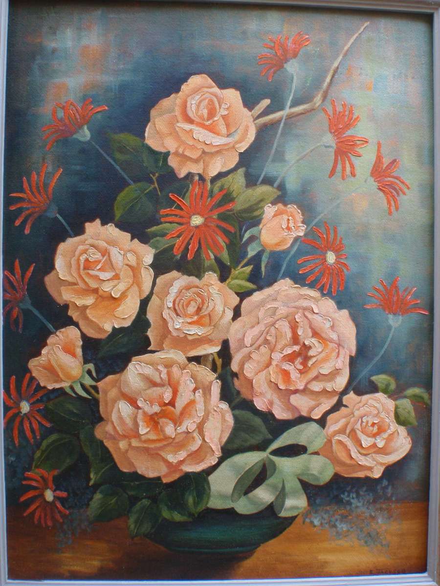 Vintage still life original oil by I.Jackson - exquisite coral roses in dove grey & gilt frame.