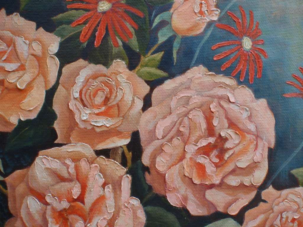 Vintage still life original oil by I.Jackson - exquisite coral roses in dove grey & gilt frame.