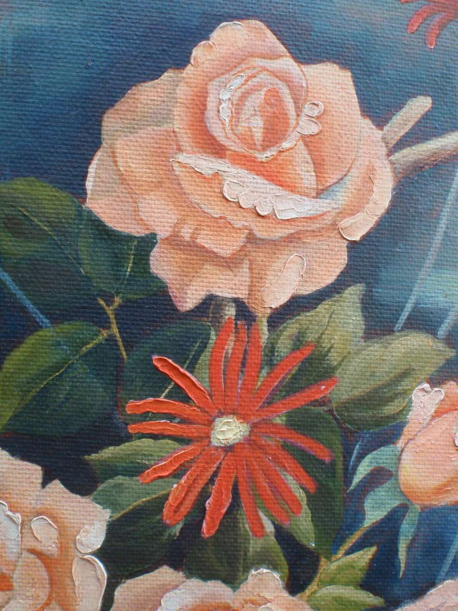 Vintage still life original oil by I.Jackson - exquisite coral roses in dove grey & gilt frame.