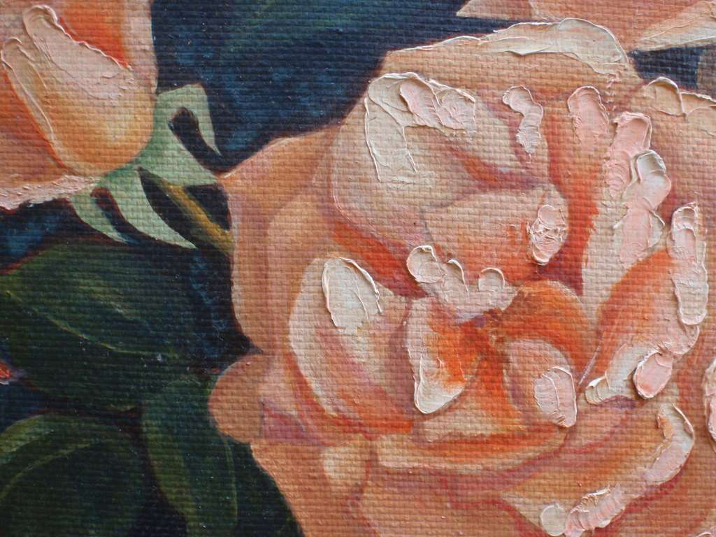 Vintage still life original oil by I.Jackson - exquisite coral roses in dove grey & gilt frame.