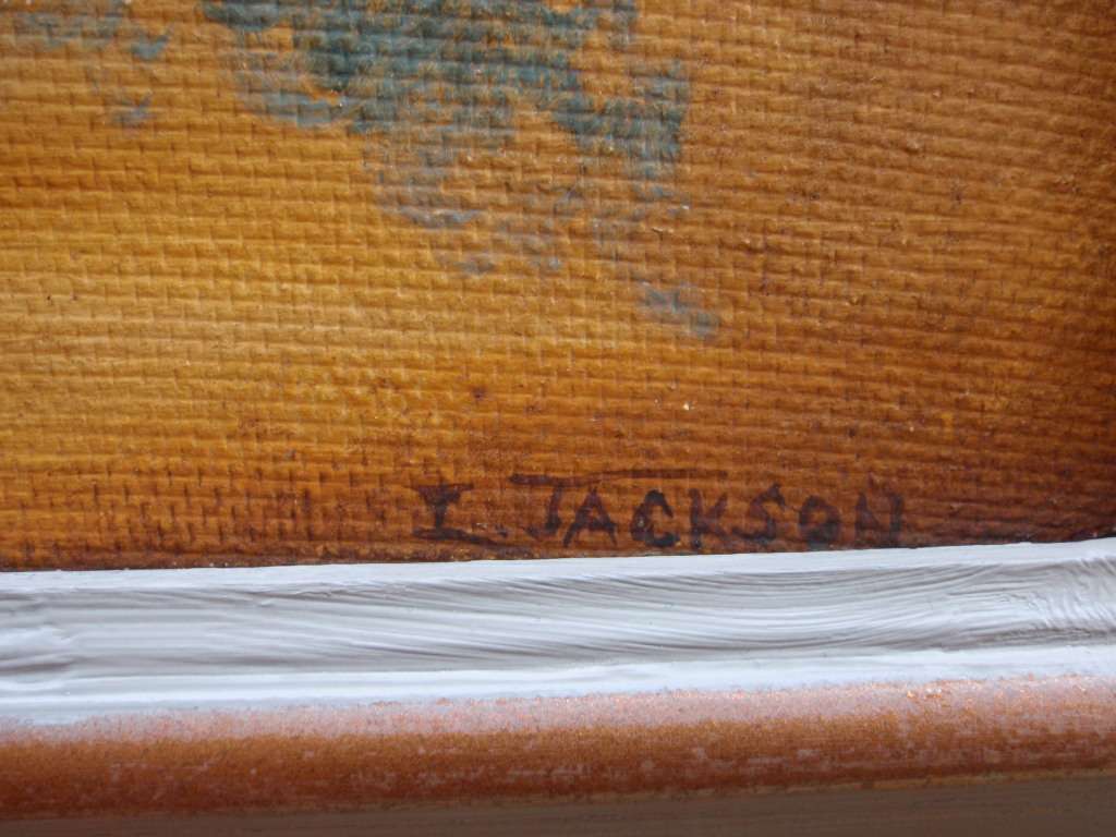 Vintage still life original oil by I.Jackson - exquisite coral roses in dove grey & gilt frame.