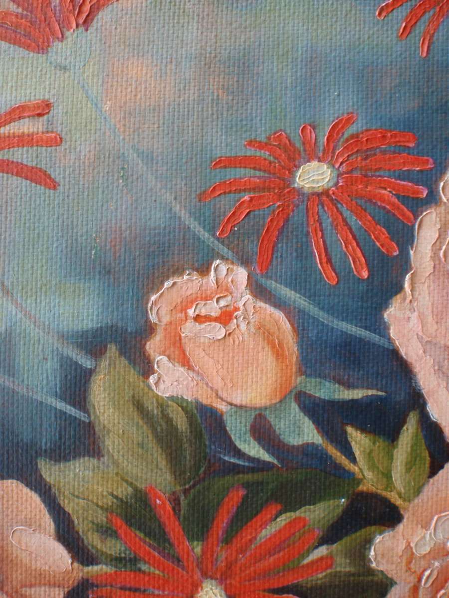 Vintage still life original oil by I.Jackson - exquisite coral roses in dove grey & gilt frame.