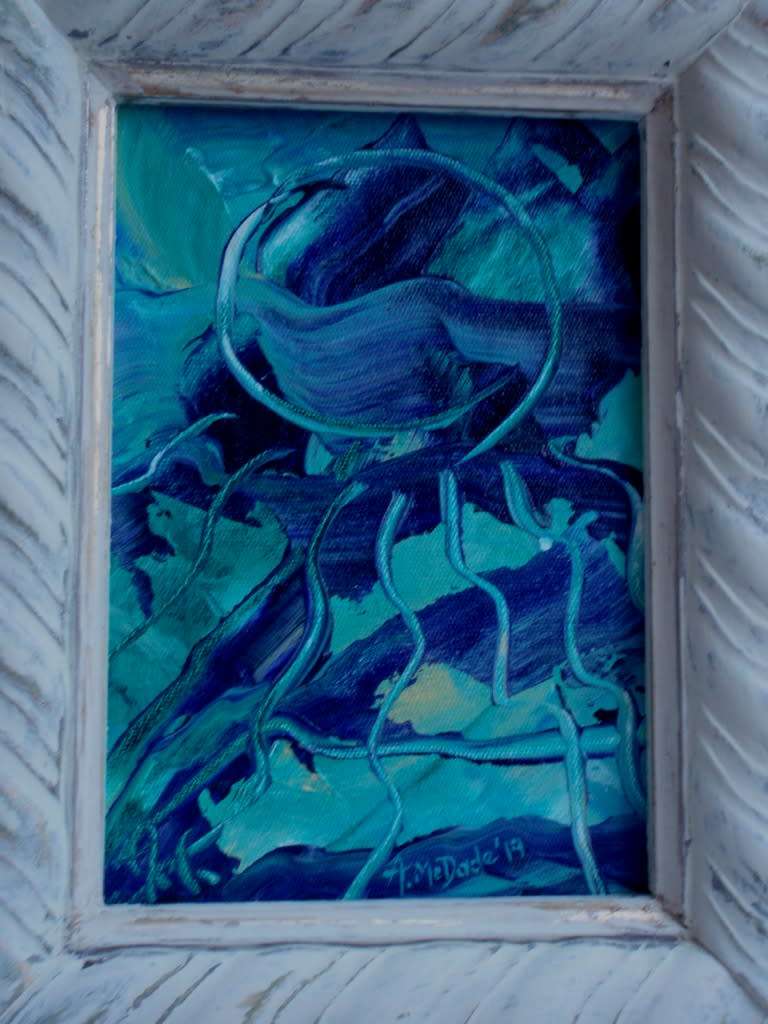 Fabulous original abstract Arlene McDade - `Aqua` oil on canvas. Well below gallery price.