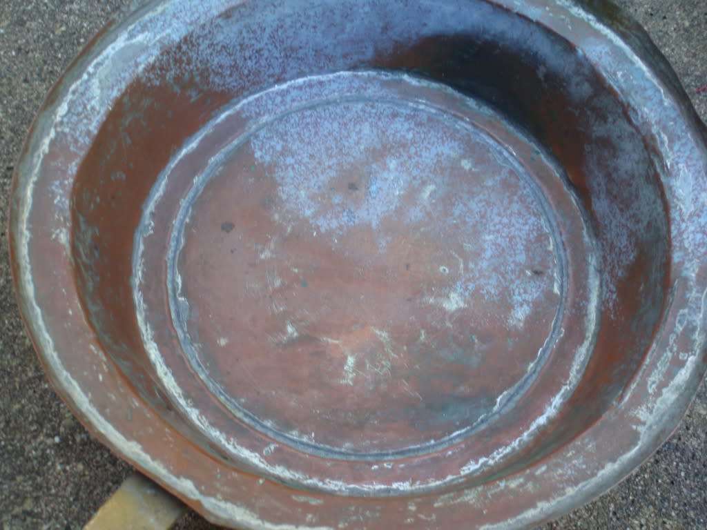 Authentic vintage copper and brass frying pan - provincial kitchen decor item. Lovely old piece.