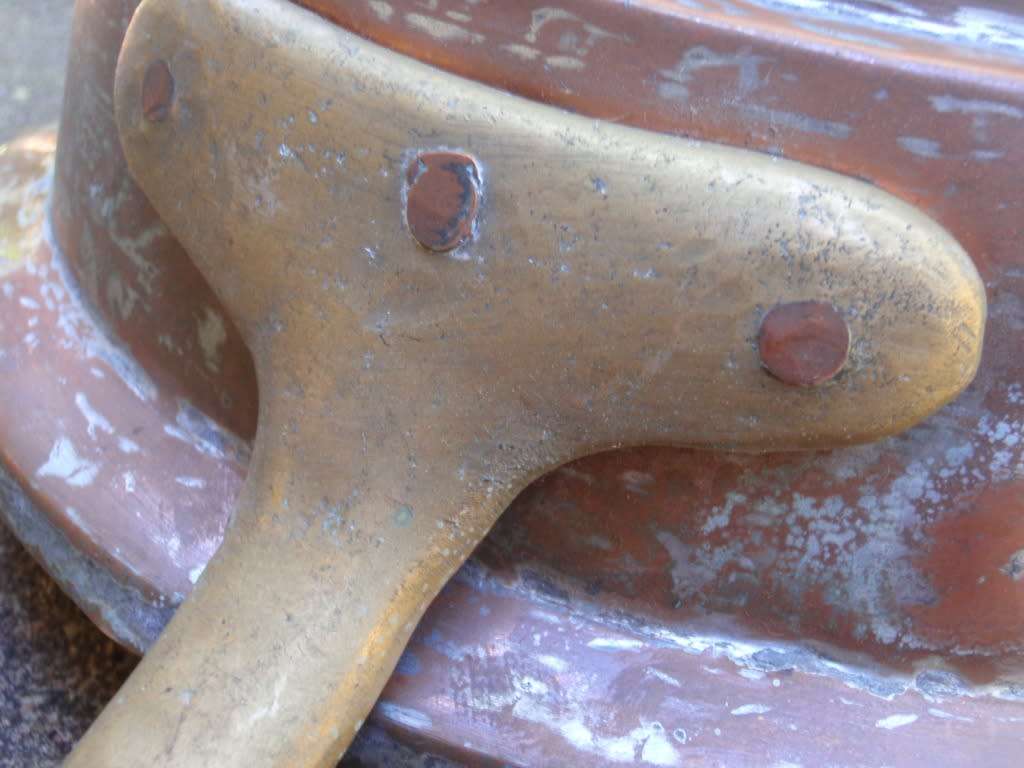 Authentic vintage copper and brass frying pan - provincial kitchen decor item. Lovely old piece.