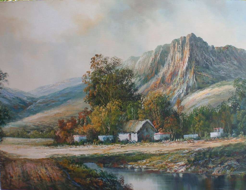 Large original oil painting by the late H.Knauf 1901-1976. Magnificent mountainscape scene.