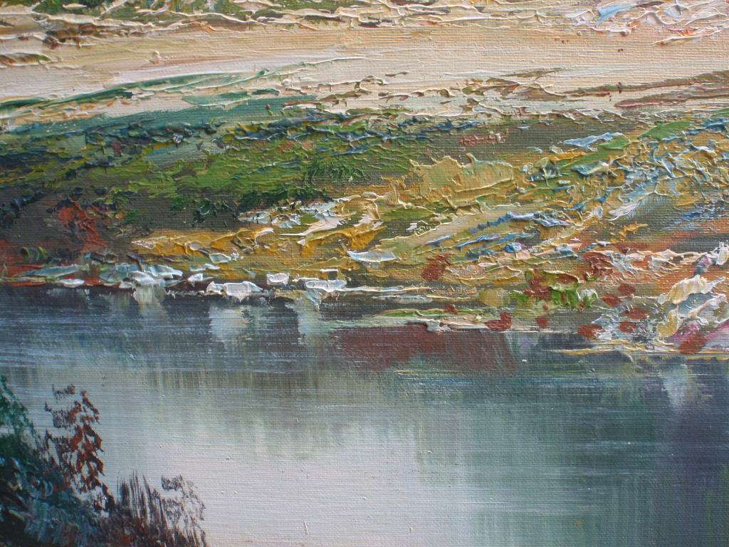 Large original oil painting by the late H.Knauf 1901-1976. Magnificent mountainscape scene.