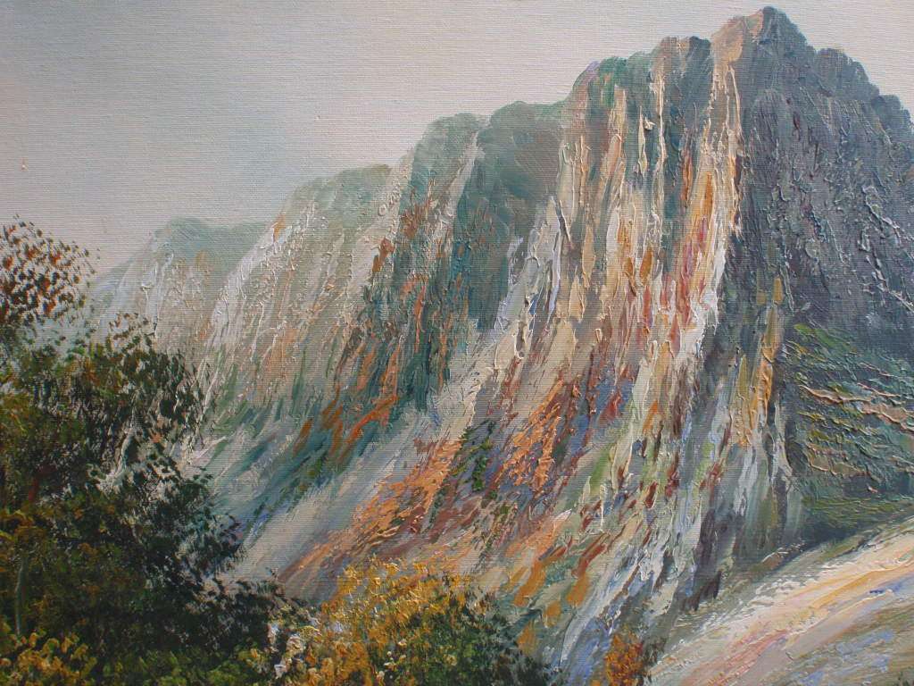 Large original oil painting by the late H.Knauf 1901-1976. Magnificent mountainscape scene.