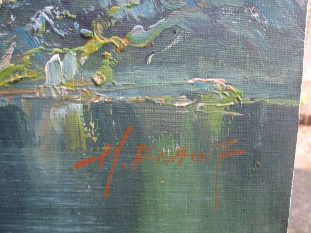 Large original oil painting by the late H.Knauf 1901-1976. Magnificent mountainscape scene.
