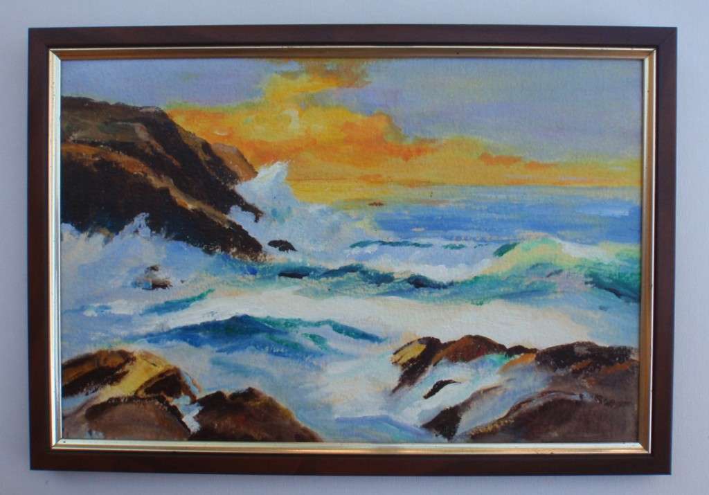 Original impressionist seascape. A beautiful oil painting of a dramatic sunrise over the ocean.