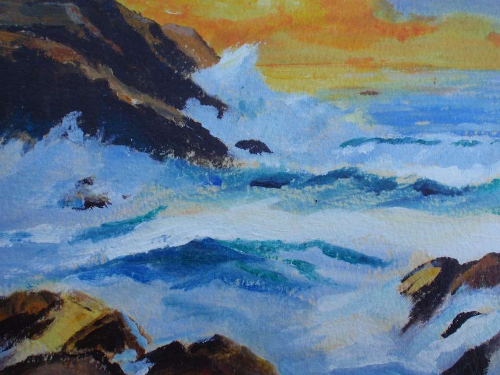 Original impressionist seascape. A beautiful oil painting of a dramatic sunrise over the ocean.