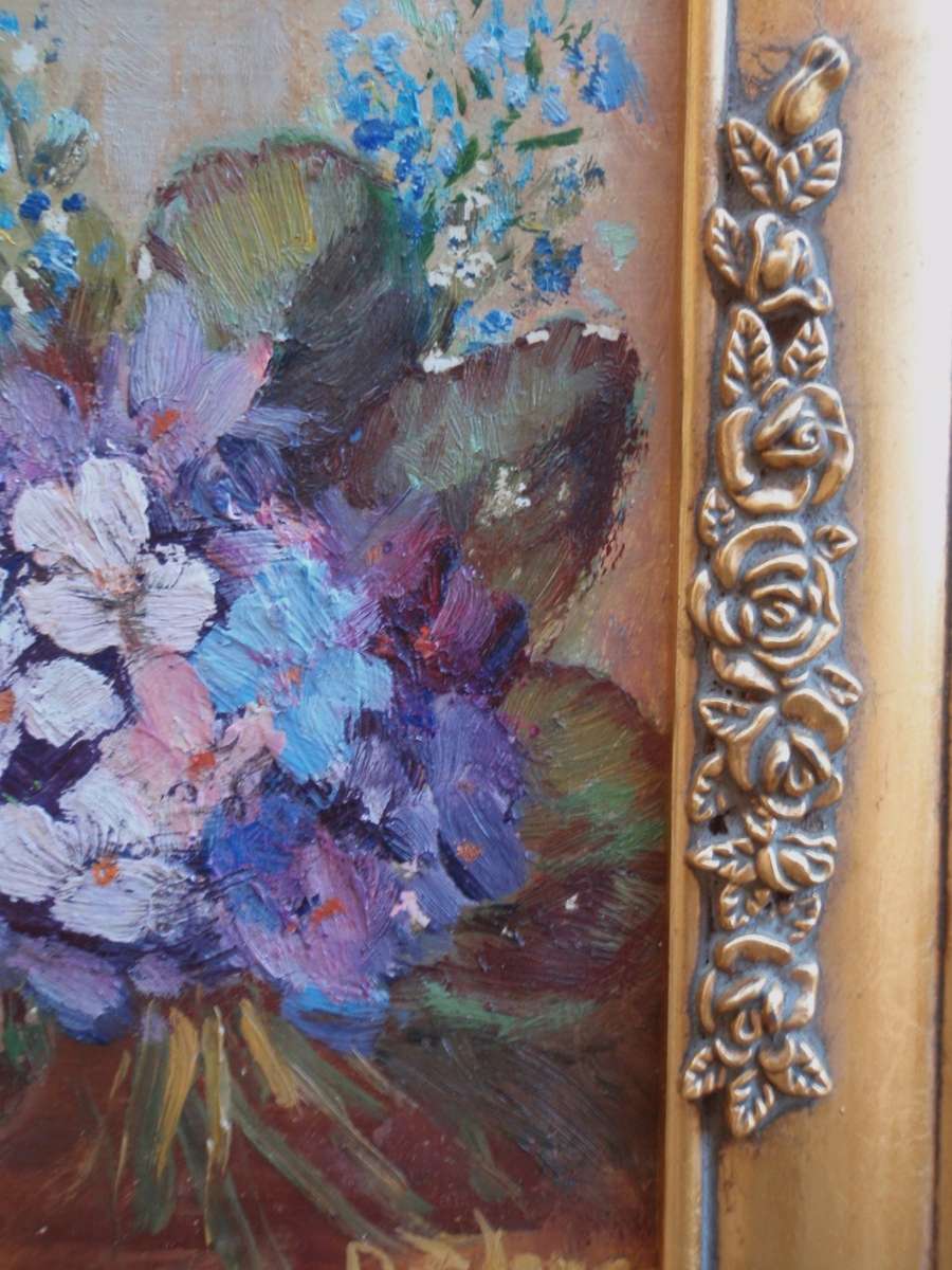 Beautiful vintage original oil in ornate gilded frame. Lovely impressionist flower garden  painting.