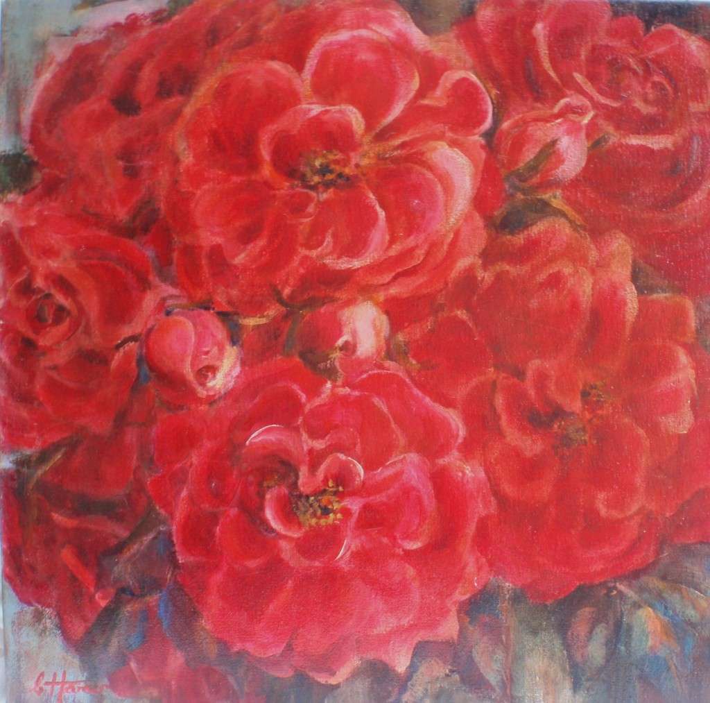 Original oil by Colleen Hamer AWSSA. Red Floribunda Roses. Rich rosey hues, beautiful