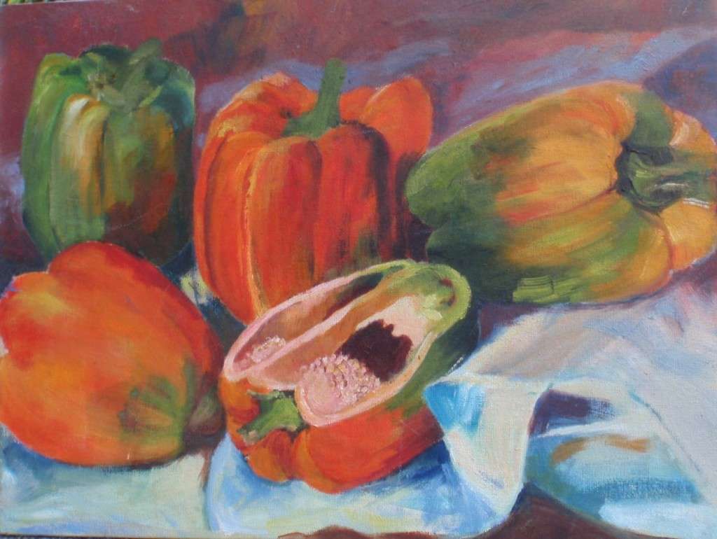 Original still life in rich earthy hues "Peppers" sezanne style.  Well accomplished piece of art.