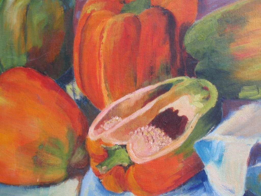 Original still life in rich earthy hues "Peppers" sezanne style.  Well accomplished piece of art.