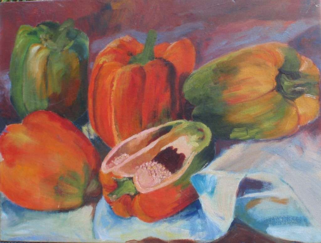 Original still life in rich earthy hues "Peppers" sezanne style.  Well accomplished piece of art.