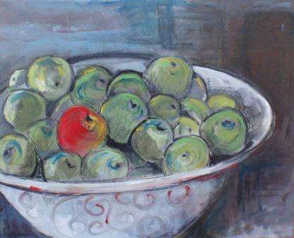 FABULOUS DECOR ITEM FOR YOUR KITCHEN! OIL PAINTING ON CANVAS 'BOWL OF APPLES' NICE SIZE 76cm x 60cm!