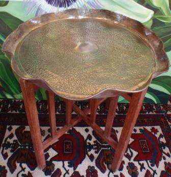 VINTAGE, PRICE REDUCED!!!, LARGE,HAND-BEATEN BRASS TRAY (HEAVY) ON FOLDING OAK STAND - STUNNING!!!