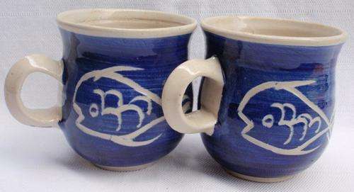 TWO HANDMADE `SEASIDE COTTAGE` THEME COFFEE MUGS - BEAUTIFUL BLUE WITH FISH DESIGN - GREAT DECOR
