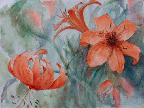 GORGEOUS ORIGINAL WATERCOLOUR 'TANGERINE LILIES'  DECORATE WITH ORIGINALS!
