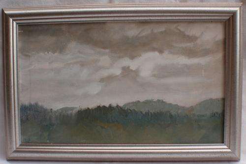 LOVELY ORIGINAL OIL PAINTING - 'GREY SKIES' SOFT, MUTED GREYS & GREENS - SILVER FRAME, READY TO HANG