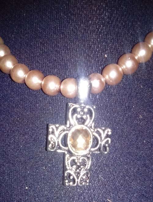 REBEL FAITH - Light brown bead with Green Cross Necklace