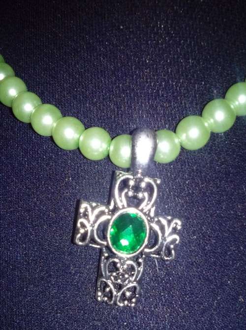 REBEL FAITH - Light green bead with Green Cross Necklace