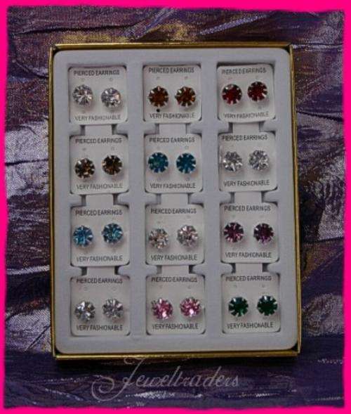 JT -12 Sets Studded Multi Coloured Diamante Earrings with box