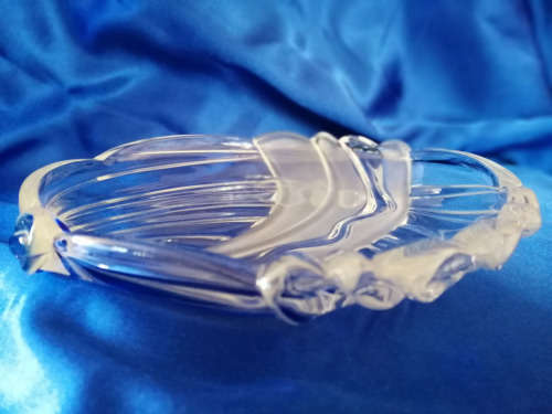 Striking heavy large clear glass bonbon dish with swirls of blue