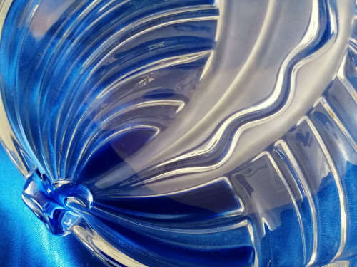 Striking heavy large clear glass bonbon dish with swirls of blue