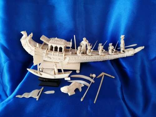 Chinese carved Bone faux Ivory Boats and fish