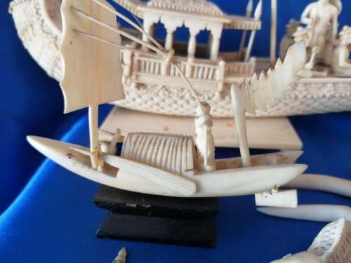 Chinese carved Bone faux Ivory Boats and fish