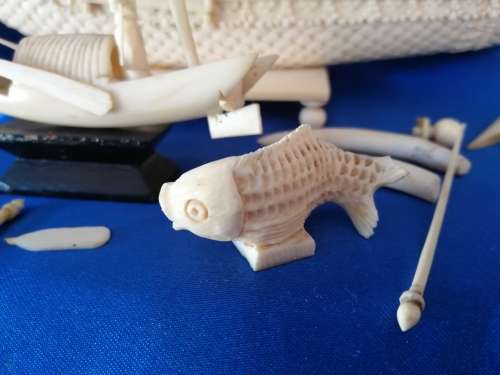 Chinese carved Bone faux Ivory Boats and fish