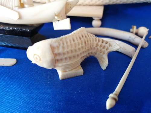 Chinese carved Bone faux Ivory Boats and fish