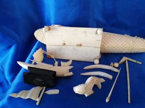 Chinese carved Bone faux Ivory Boats and fish
