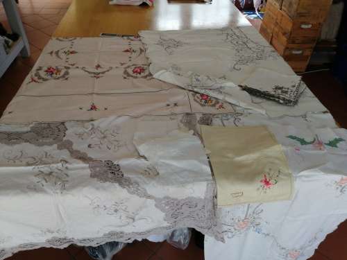Exquisite Vintage Embroidered Cross Stich and Crochet Large Tablecloths