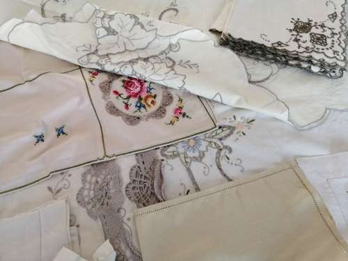 Exquisite Vintage Embroidered Cross Stich and Crochet Large Tablecloths