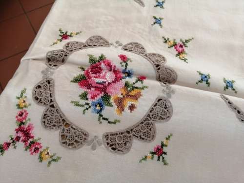 Exquisite Vintage Embroidered Cross Stich and Crochet Large Tablecloths