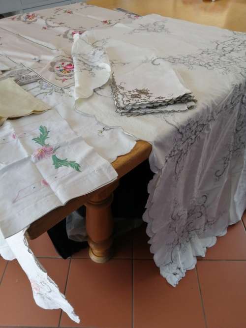 Exquisite Vintage Embroidered Cross Stich and Crochet Large Tablecloths