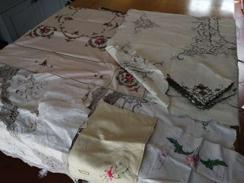 Exquisite Vintage Embroidered Cross Stich and Crochet Large Tablecloths