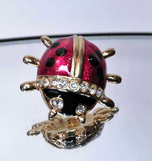 Beautiful Vintage Enamel Cyrstal Red and Black Ladybird Pin #