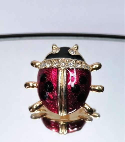 Beautiful Vintage Enamel Cyrstal Red and Black Ladybird Pin #
