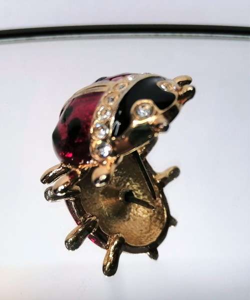 Beautiful Vintage Enamel Cyrstal Red and Black Ladybird Pin #